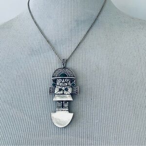 Peruvian Tumi Pendant Brooch 925 Sterling Silver Inlaid Turquoise Stones